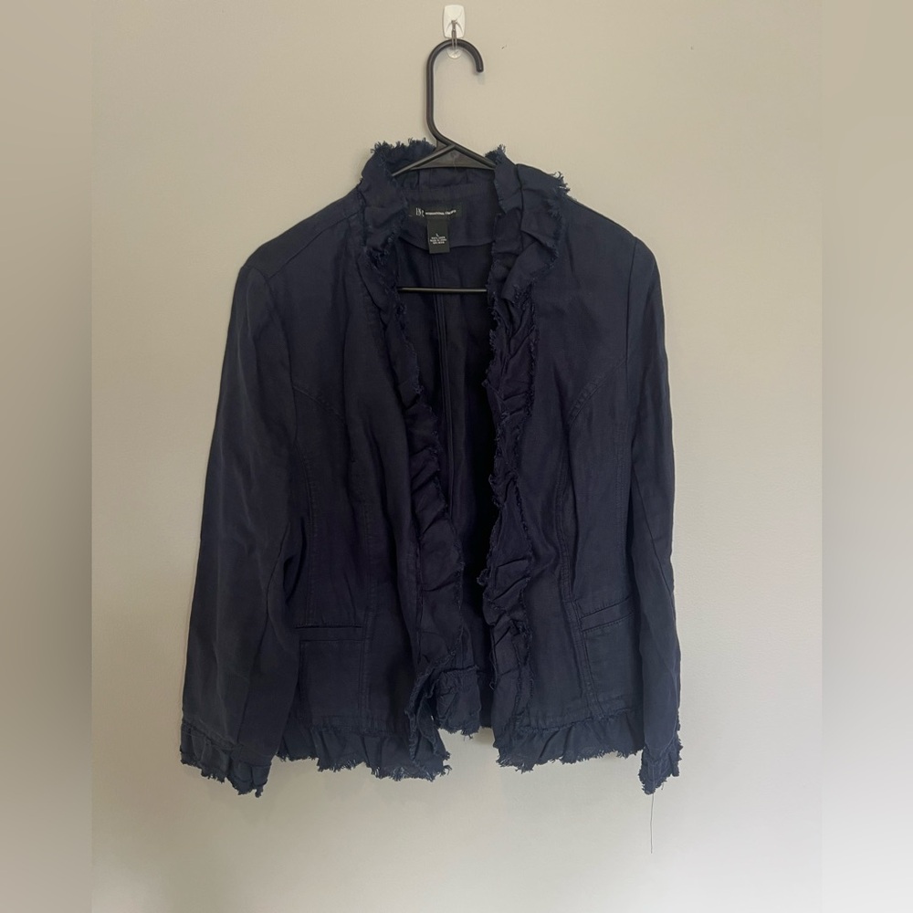 INC International Concepts Linen Jacket Large Navy Blue Ruffle Trim Blazer